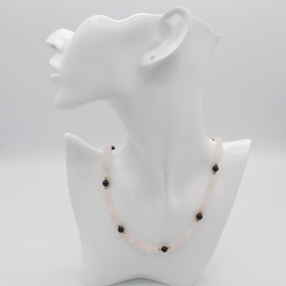 Rose Quartz Pink Beaded Necklace Black Onyx Gold tone Beads 18 inch 6mm beads